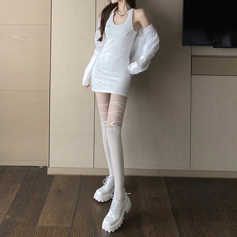 黑色交叉蝴蝶结连裤丝袜超薄黑丝