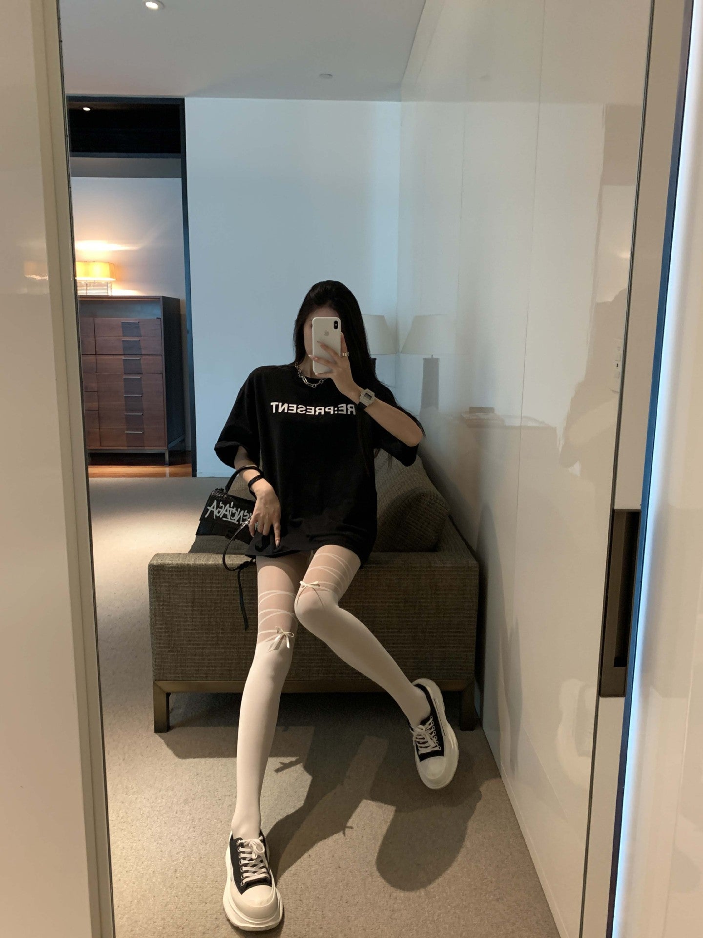 黑色交叉蝴蝶结连裤丝袜超薄黑丝