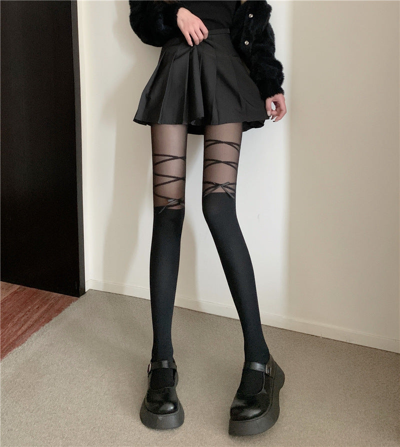 黑色交叉蝴蝶结连裤丝袜超薄黑丝